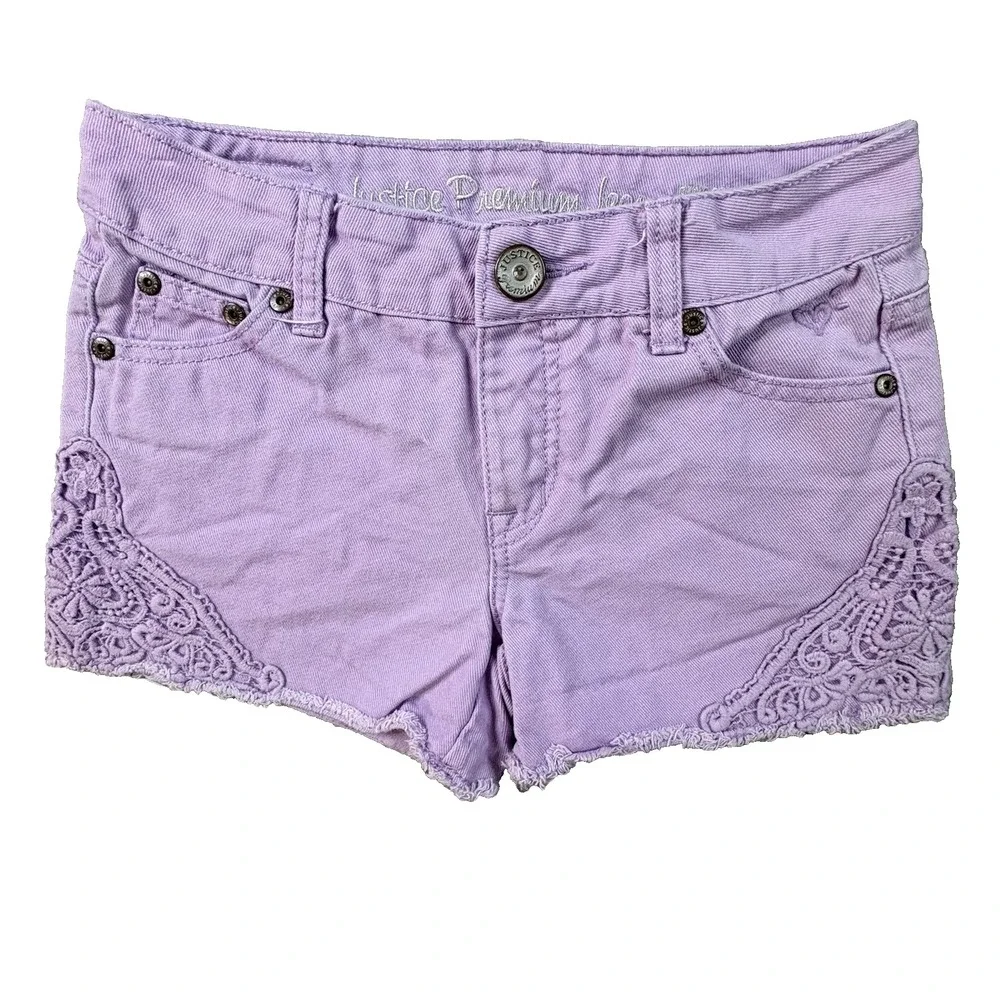 Justice Girls 12S (26x2.5) Purple Lace Crochet Cutoff Jean Denim Shorts SEE DESC